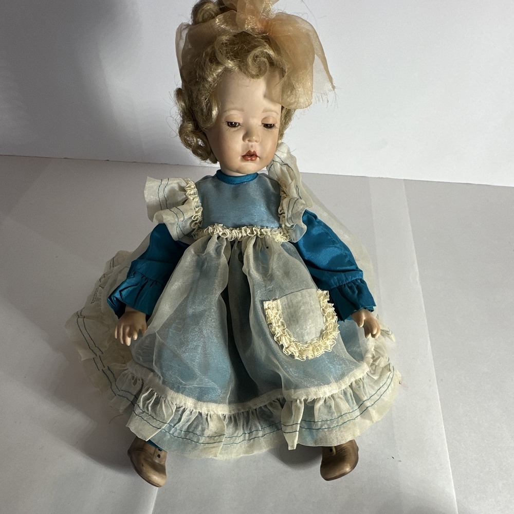 Vintage - 8 in Girl Doll Blonde Curly Hair Blue Dress White Apron Lace Trim